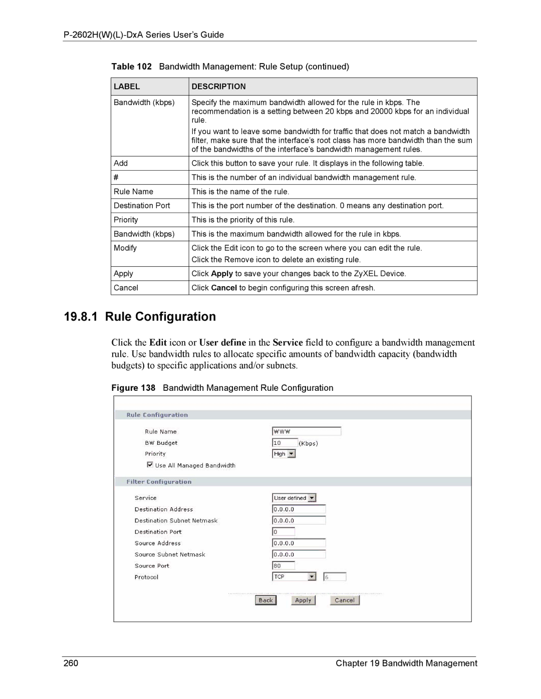 ZyXEL Communications P-2602 manual Bandwidth Management Rule Configuration 260 