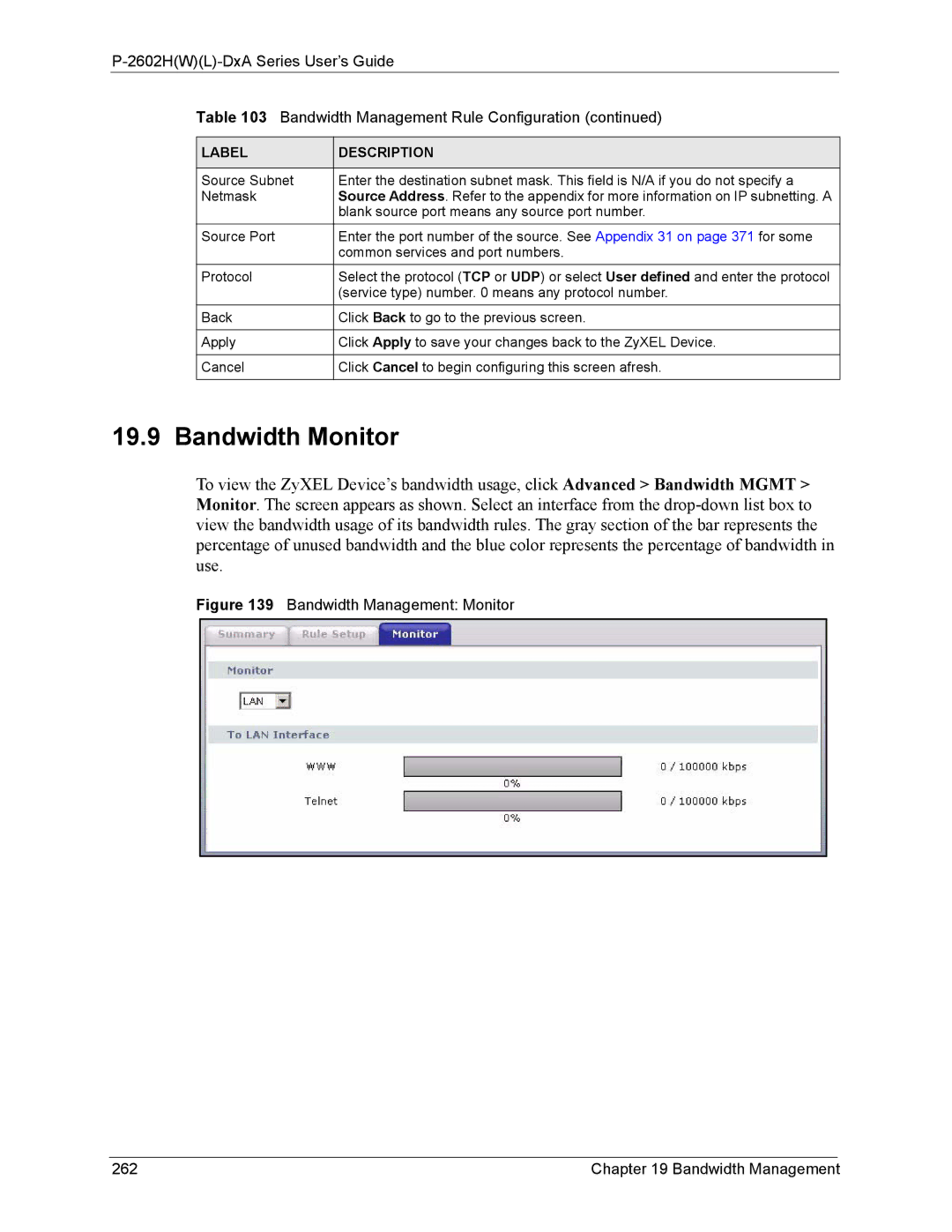 ZyXEL Communications P-2602 manual Bandwidth Monitor, Bandwidth Management Monitor 262 