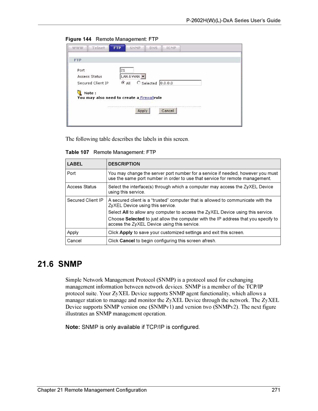 ZyXEL Communications P-2602 manual Snmp, Remote Management Configuration 271 