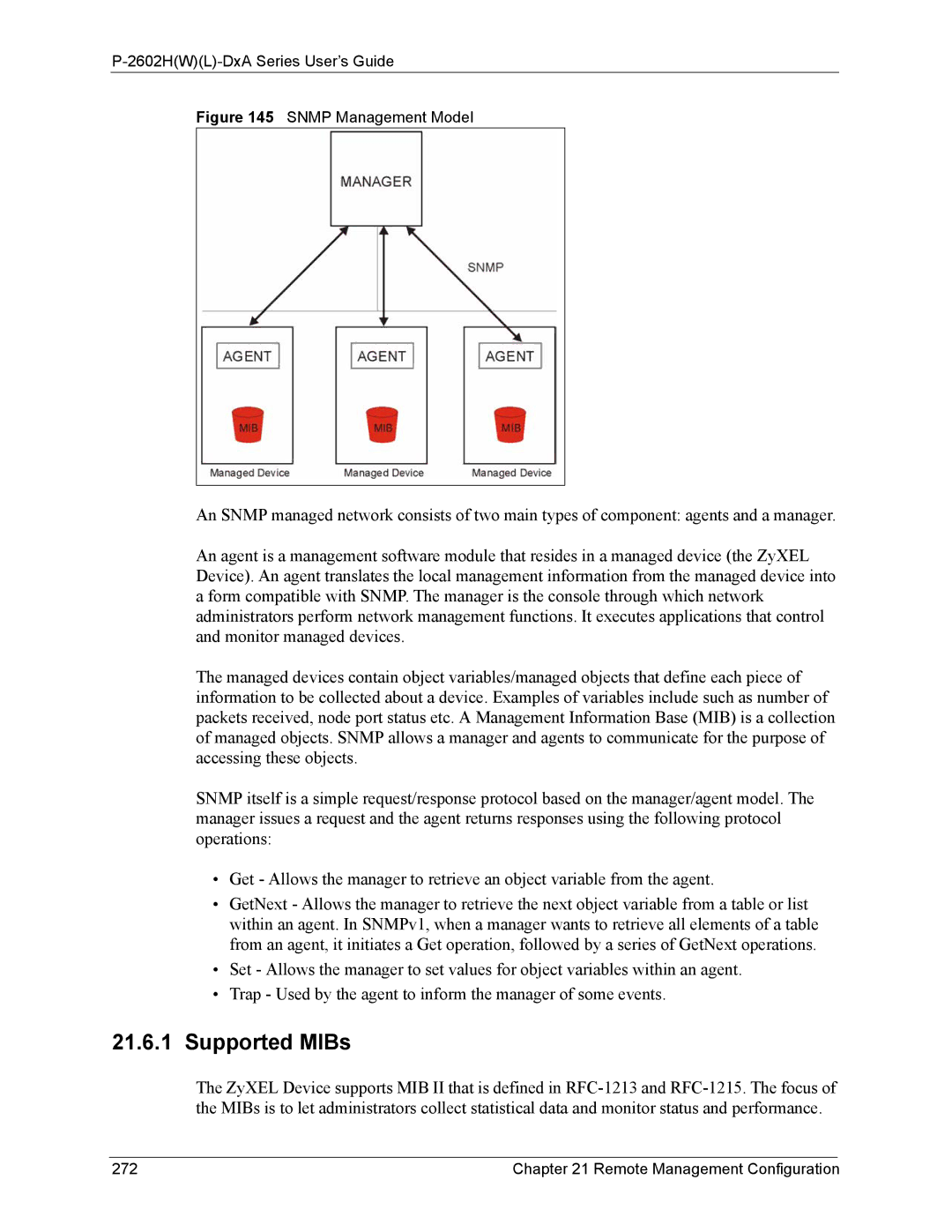 ZyXEL Communications P-2602 manual Supported MIBs, Remote Management Configuration 