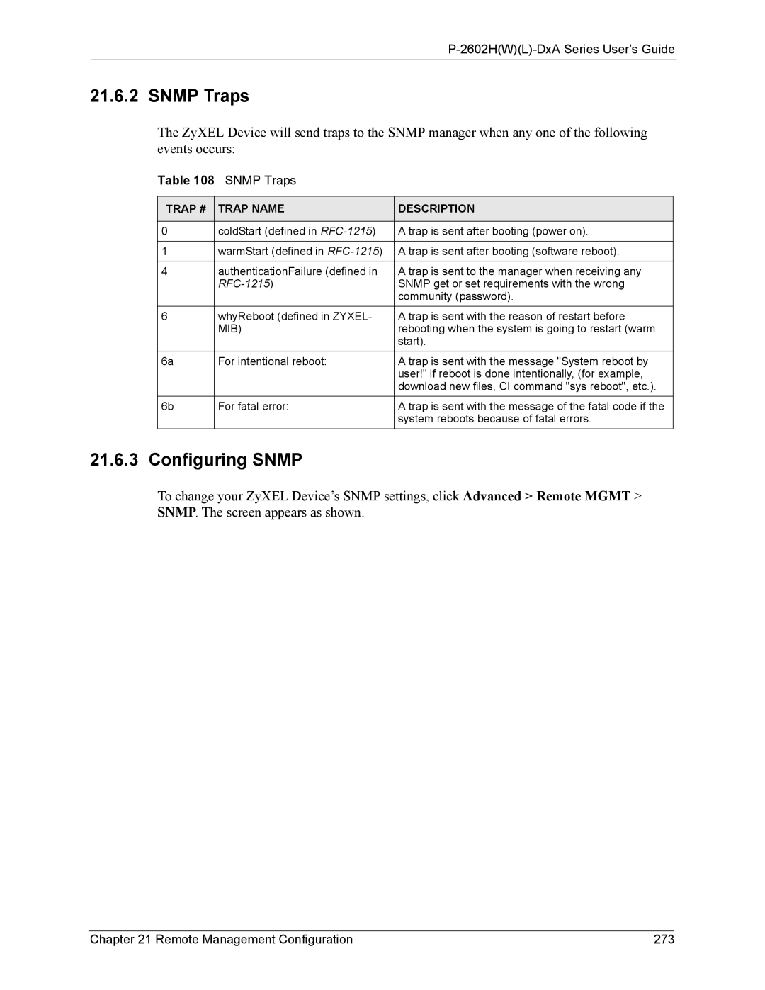 ZyXEL Communications P-2602 manual Snmp Traps, Configuring Snmp, Remote Management Configuration 273 