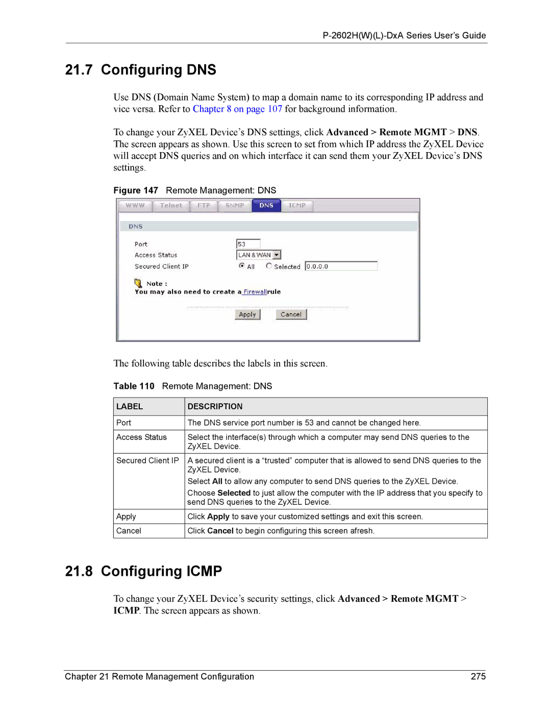 ZyXEL Communications P-2602 manual Configuring DNS, Configuring Icmp, Remote Management Configuration 275 