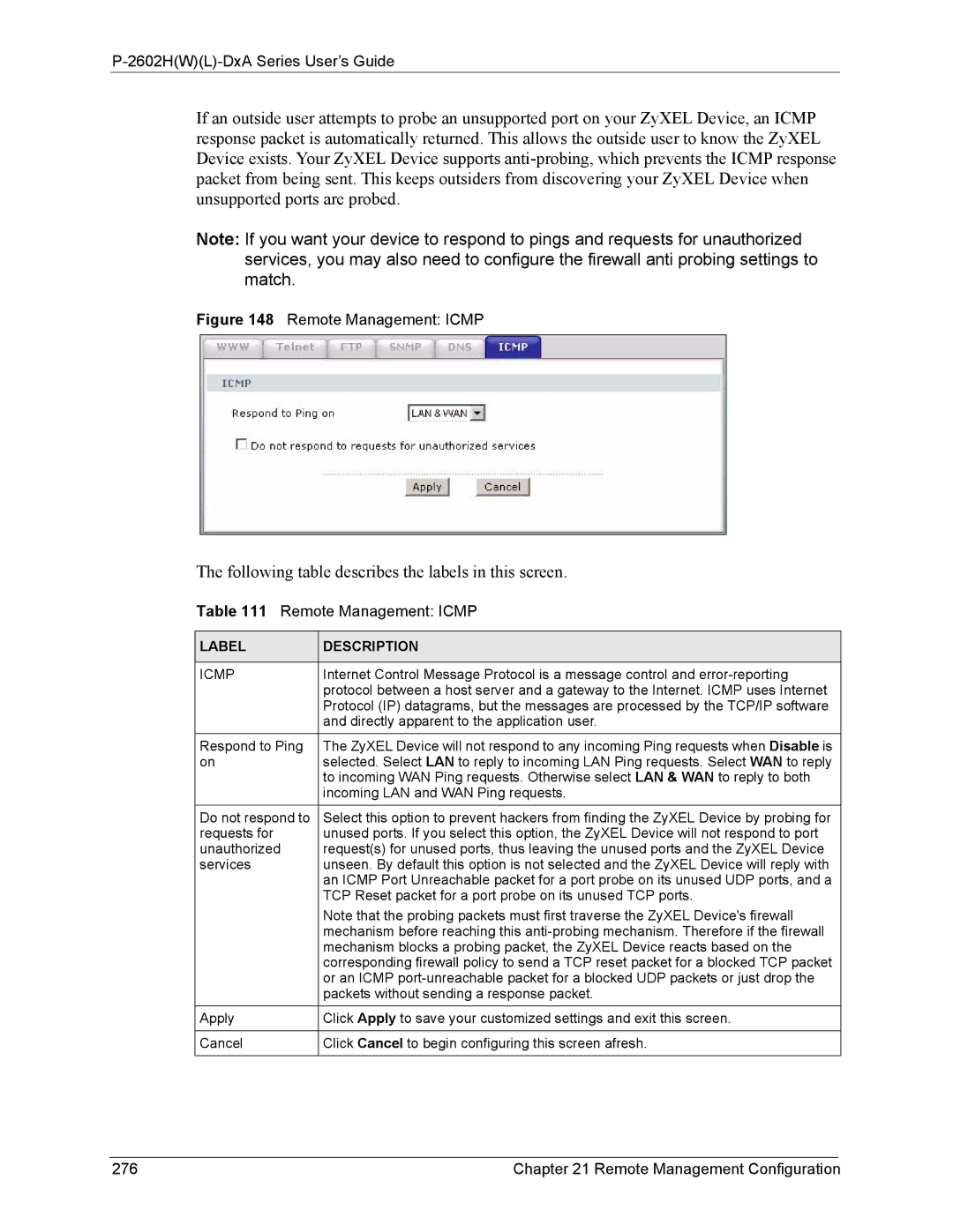 ZyXEL Communications P-2602 manual Remote Management Icmp, Remote Management Configuration 