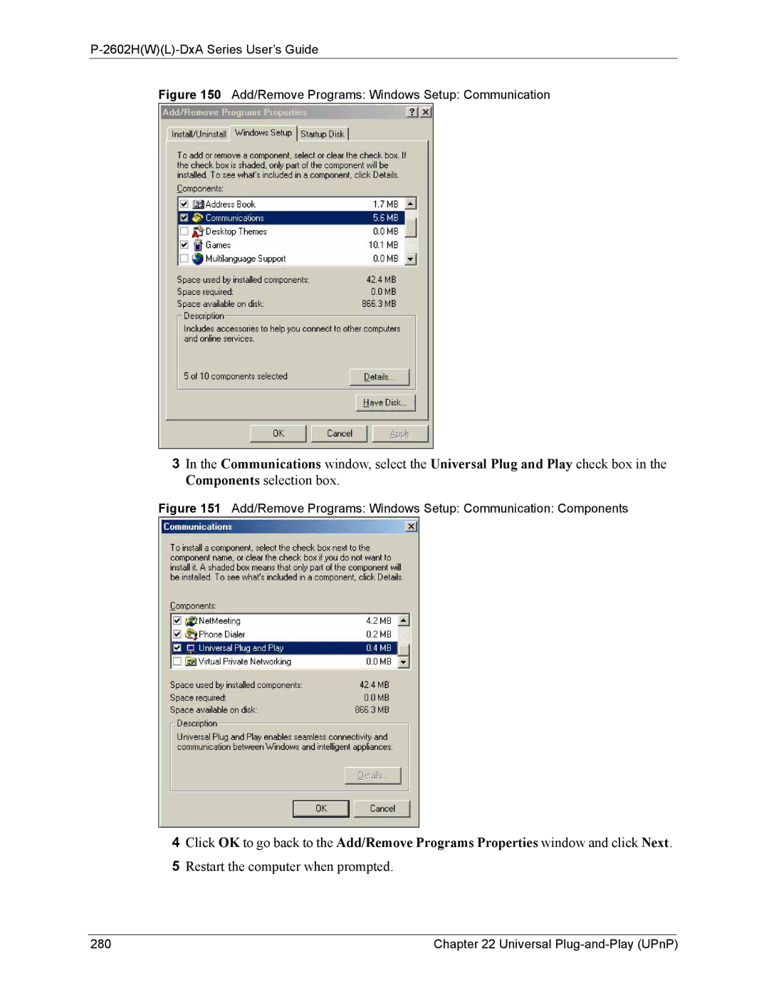 ZyXEL Communications P-2602 manual Add/Remove Programs Windows Setup Communication 