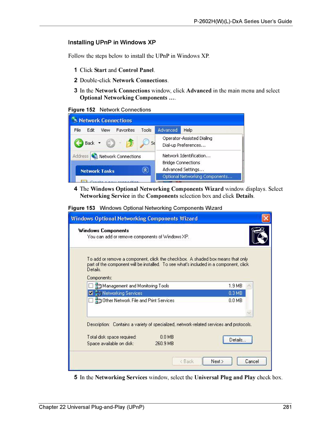 ZyXEL Communications P-2602 manual Network Connections, Windows Optional Networking Components Wizard 