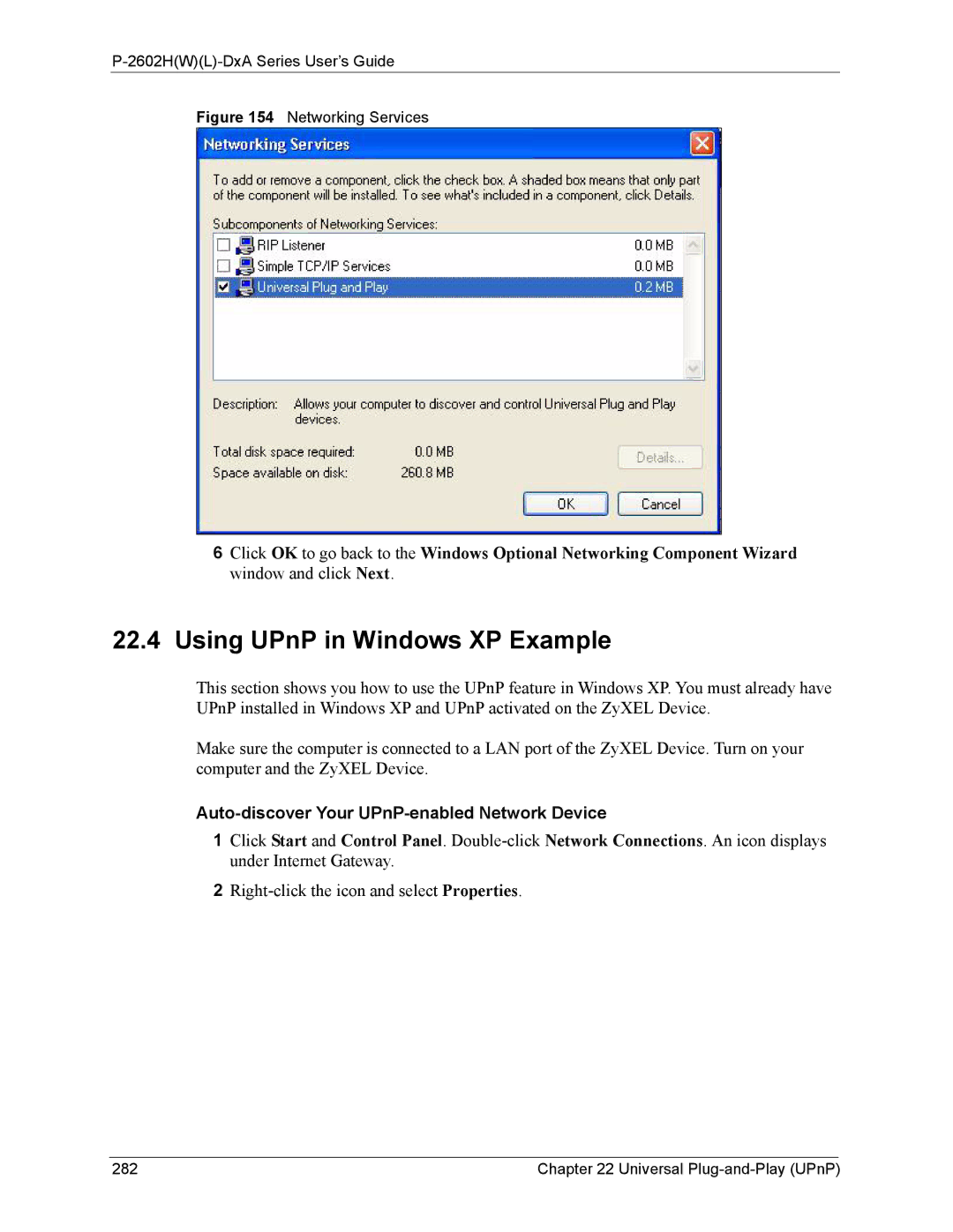 ZyXEL Communications P-2602 manual Using UPnP in Windows XP Example, Universal Plug-and-Play UPnP 