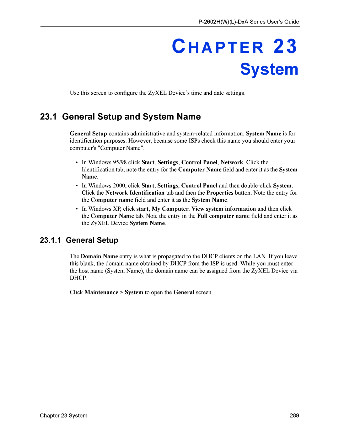 ZyXEL Communications P-2602 manual General Setup and System Name, System 289 