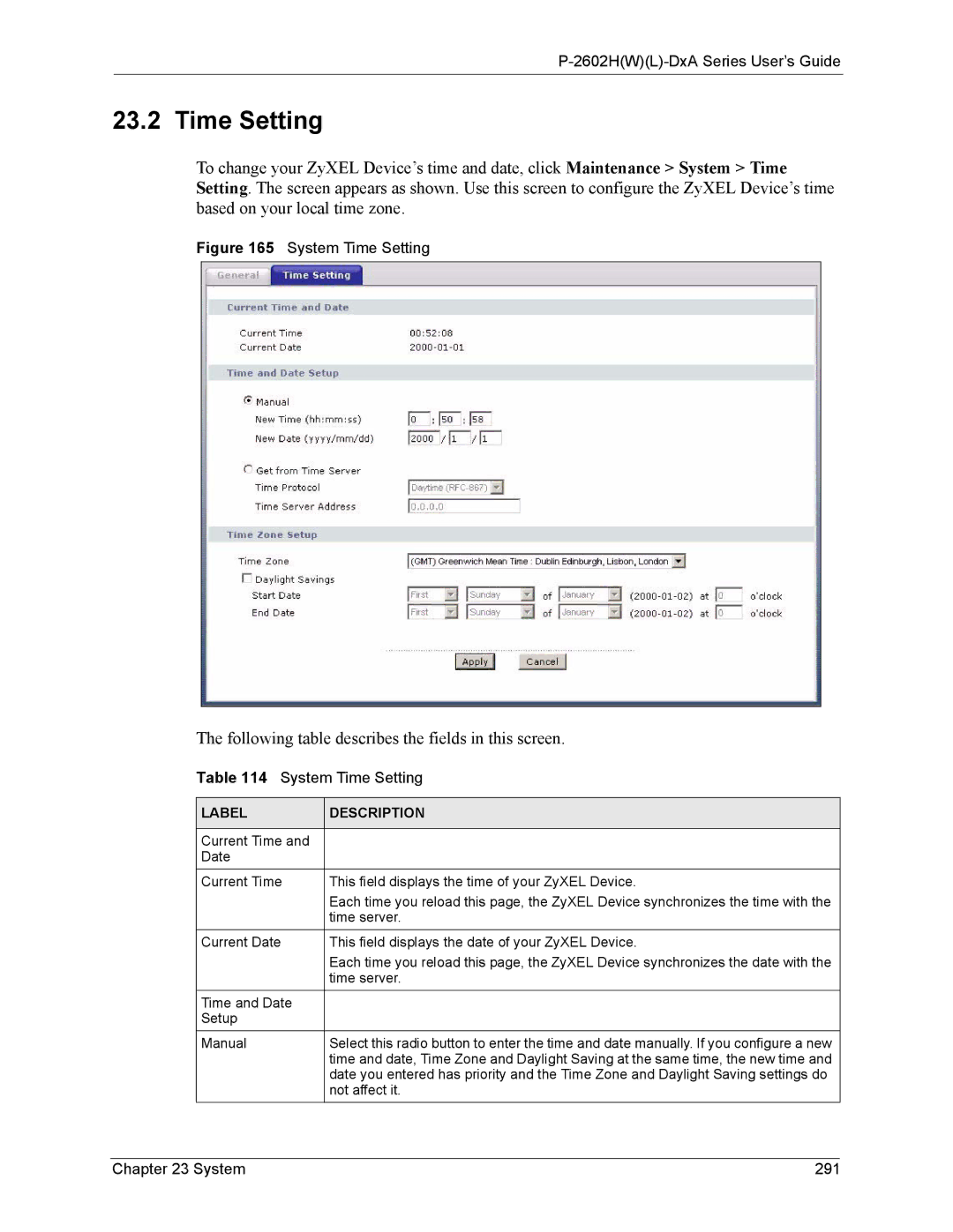 ZyXEL Communications P-2602 manual Time Setting, System 291 