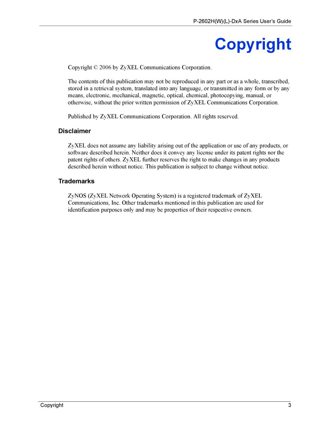 ZyXEL Communications P-2602 manual Copyright, Disclaimer, Trademarks, 2602HWL-DxA Series User’s Guide 