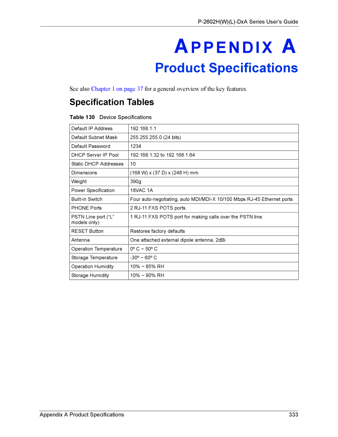 ZyXEL Communications P-2602 manual Specification Tables, Device Specifications, Appendix a Product Specifications 333 