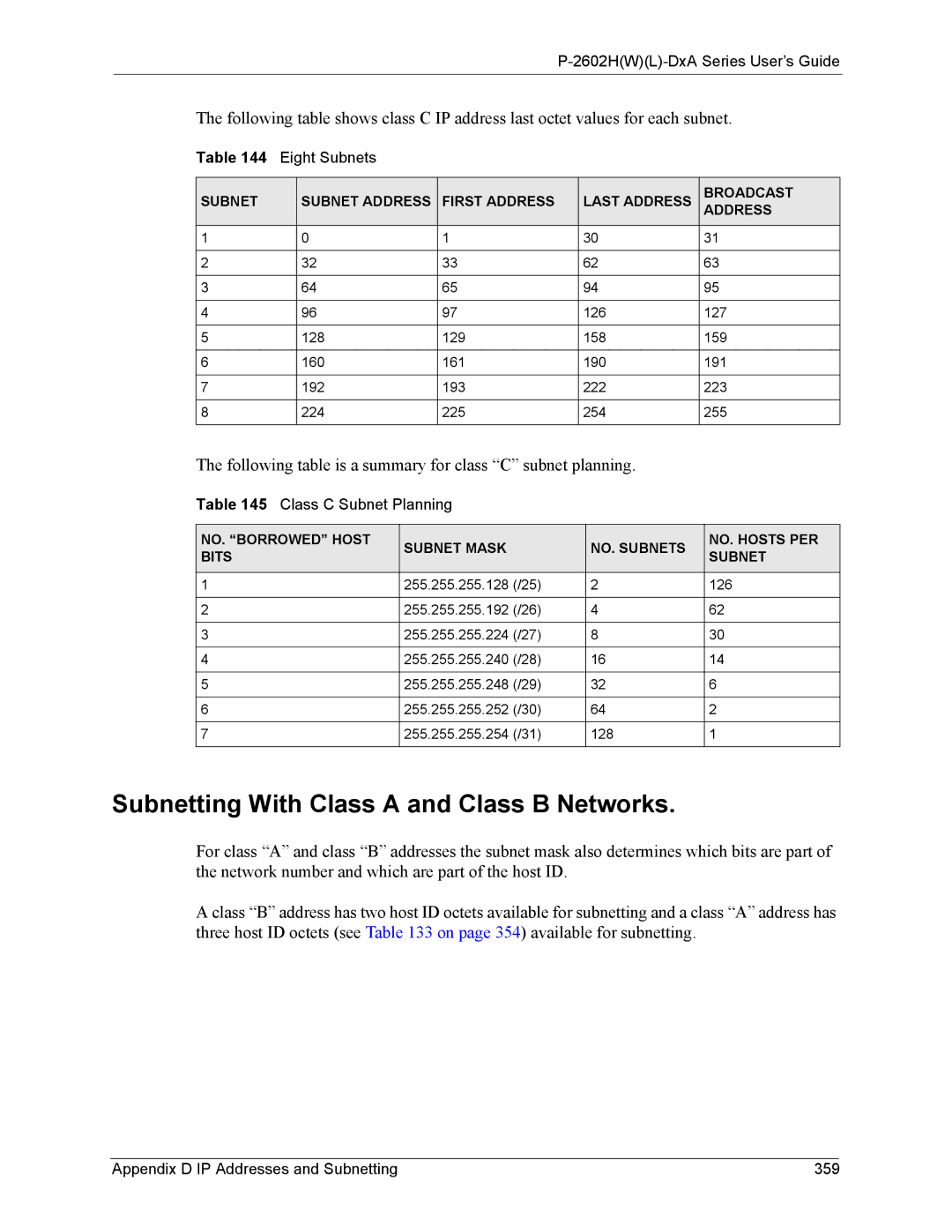 ZyXEL Communications P-2602 manual Subnetting With Class a and Class B Networks, Eight Subnets, Class C Subnet Planning 