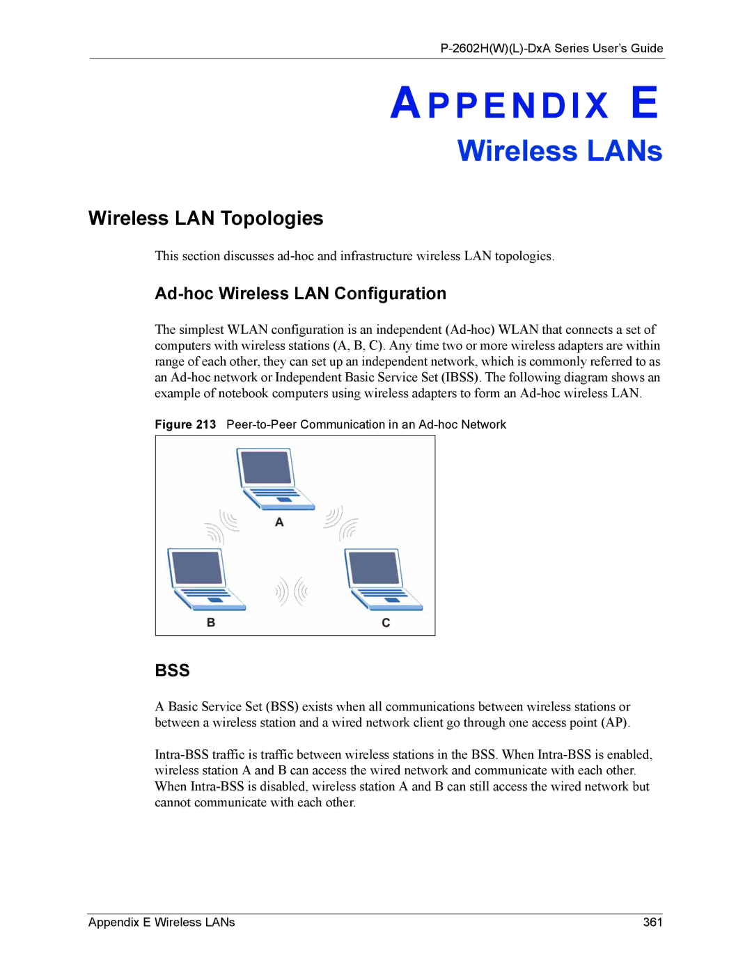 ZyXEL Communications P-2602 manual Wireless LAN Topologies, Ad-hoc Wireless LAN Configuration, Appendix E Wireless LANs 361 