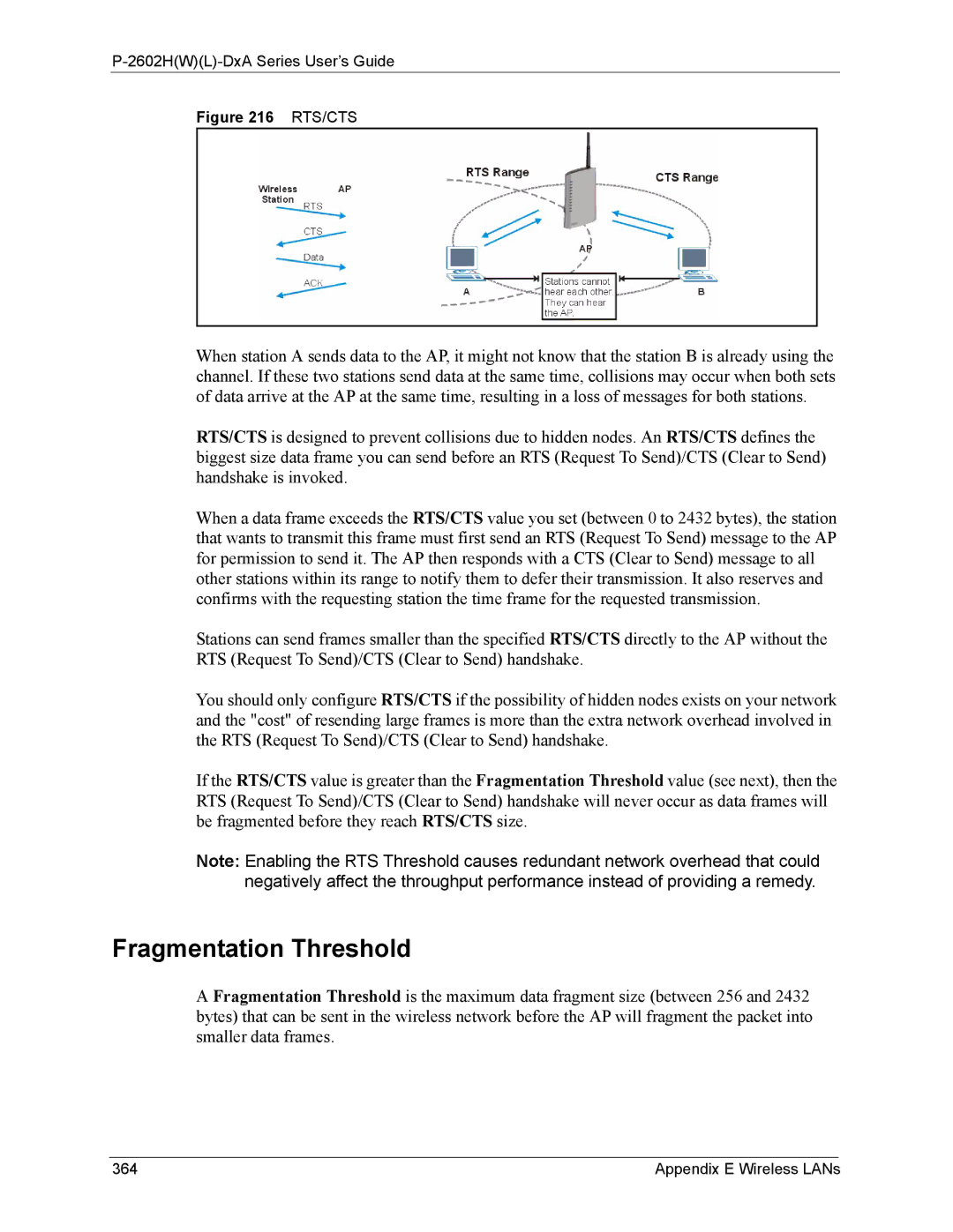 ZyXEL Communications P-2602 manual Fragmentation Threshold, Appendix E Wireless LANs 