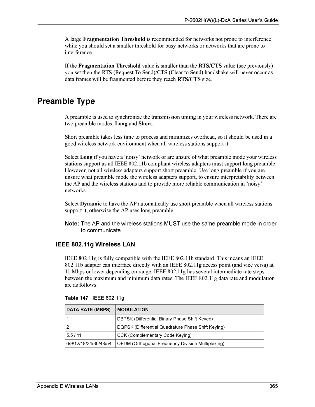 ZyXEL Communications P-2602 manual Preamble Type, Appendix E Wireless LANs 365 