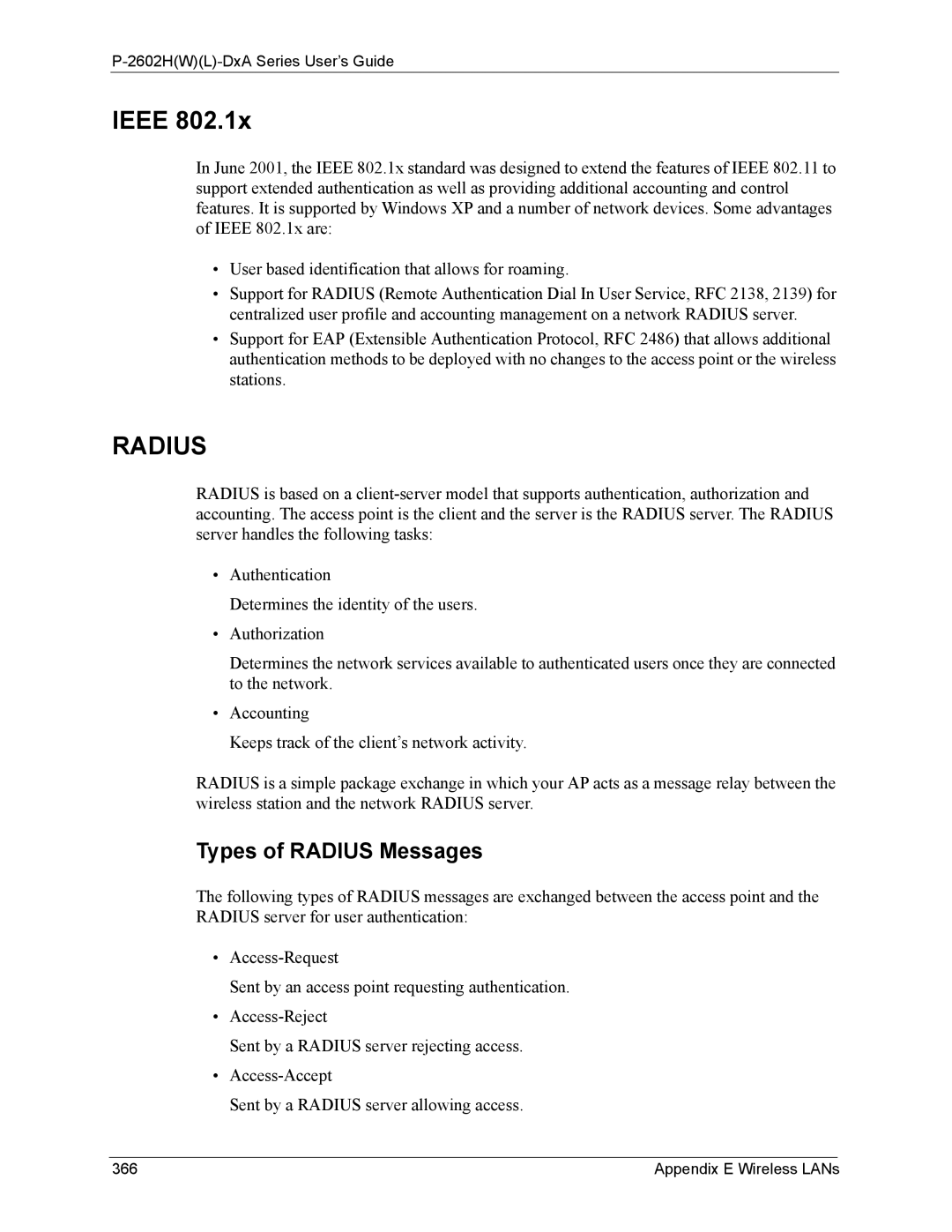 ZyXEL Communications P-2602 manual Ieee, Types of Radius Messages, Appendix E Wireless LANs 