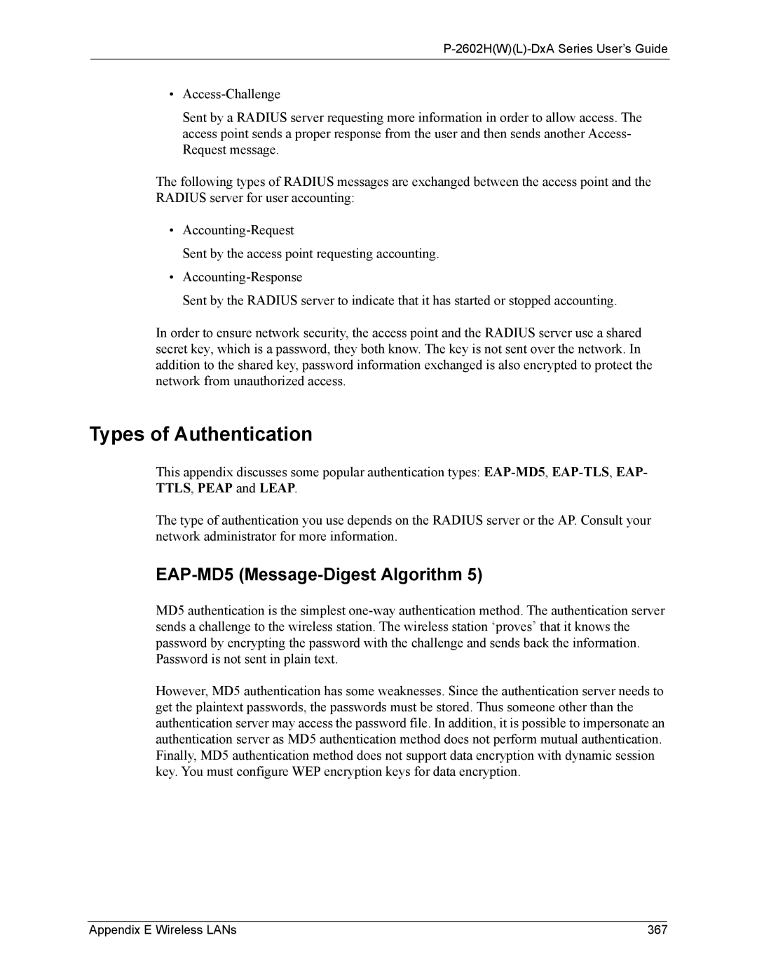 ZyXEL Communications P-2602 manual Types of Authentication, EAP-MD5 Message-Digest Algorithm, Appendix E Wireless LANs 367 