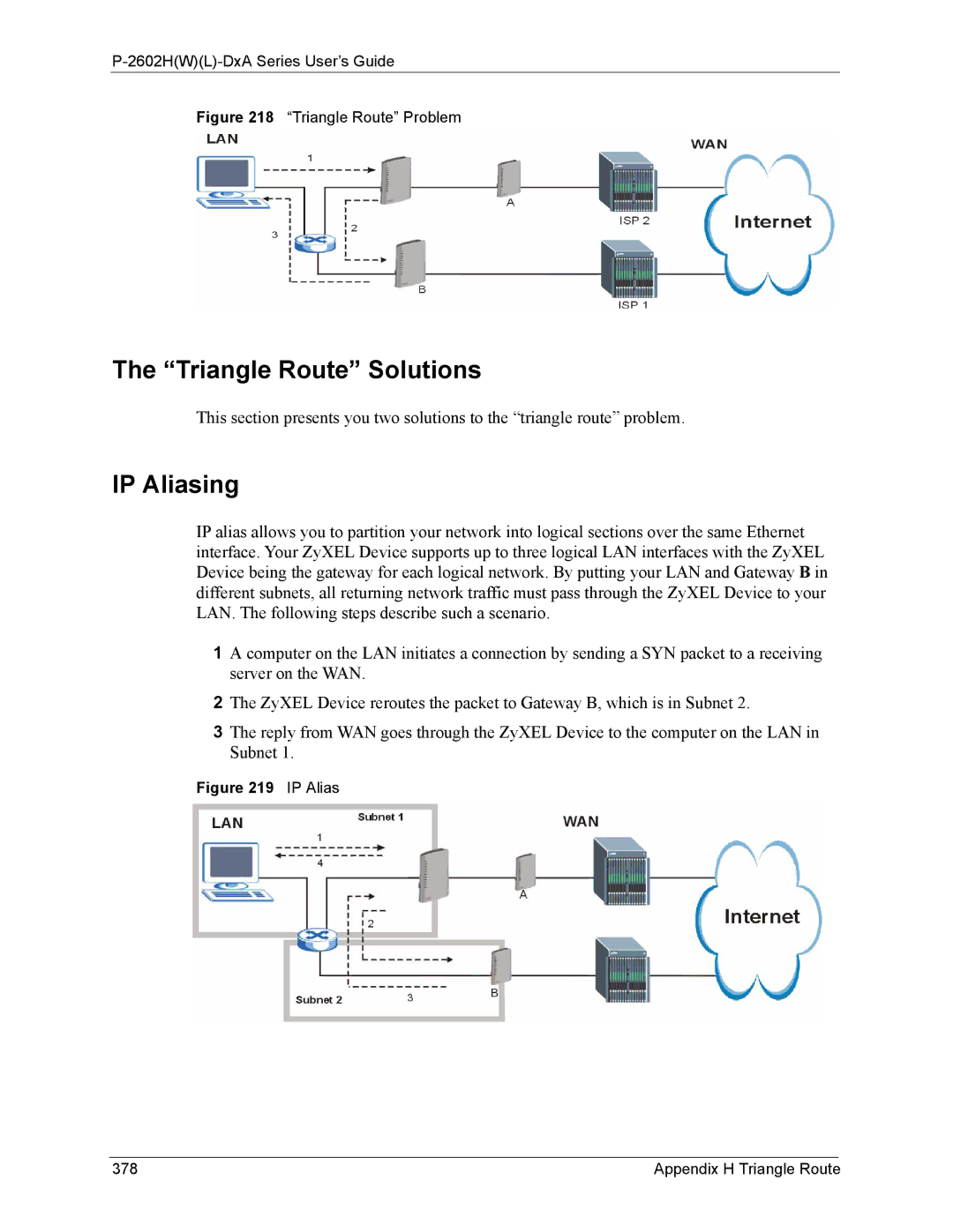 ZyXEL Communications P-2602 manual Triangle Route Solutions, IP Aliasing, Appendix H Triangle Route 