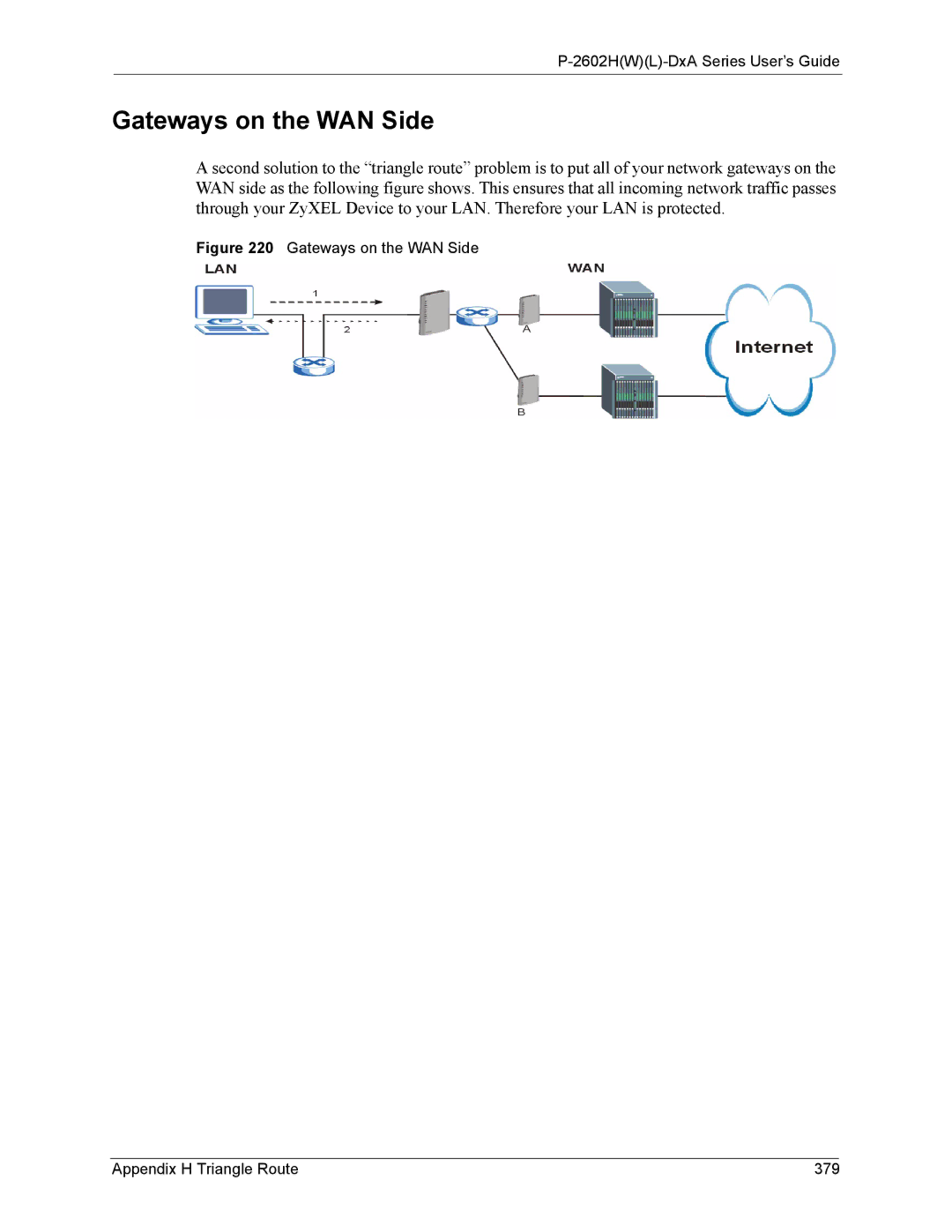 ZyXEL Communications P-2602 manual Gateways on the WAN Side Appendix H Triangle Route 379 