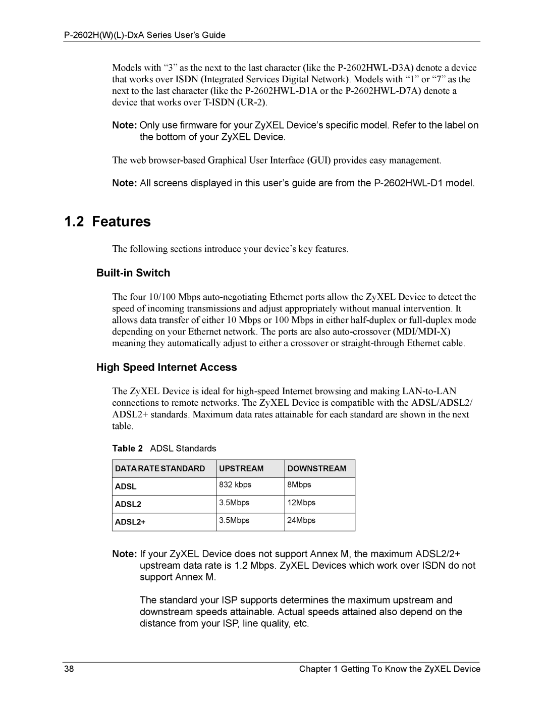 ZyXEL Communications P-2602 manual Features, Built-in Switch, High Speed Internet Access, Adsl Standards 