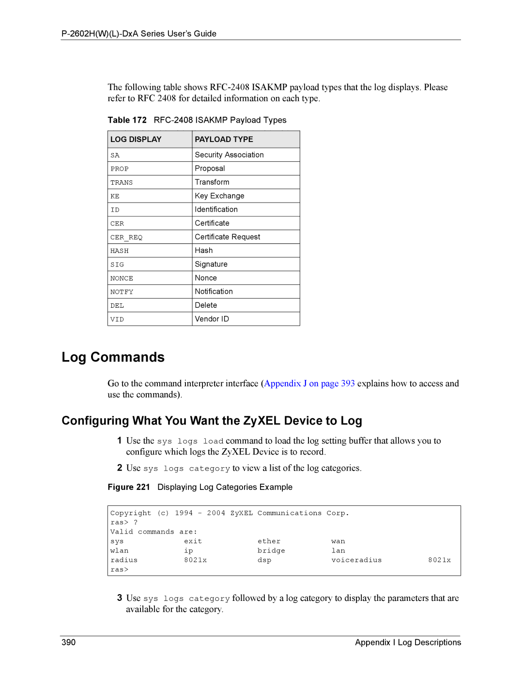 ZyXEL Communications P-2602 Log Commands, Configuring What You Want the ZyXEL Device to Log, RFC-2408 Isakmp Payload Types 