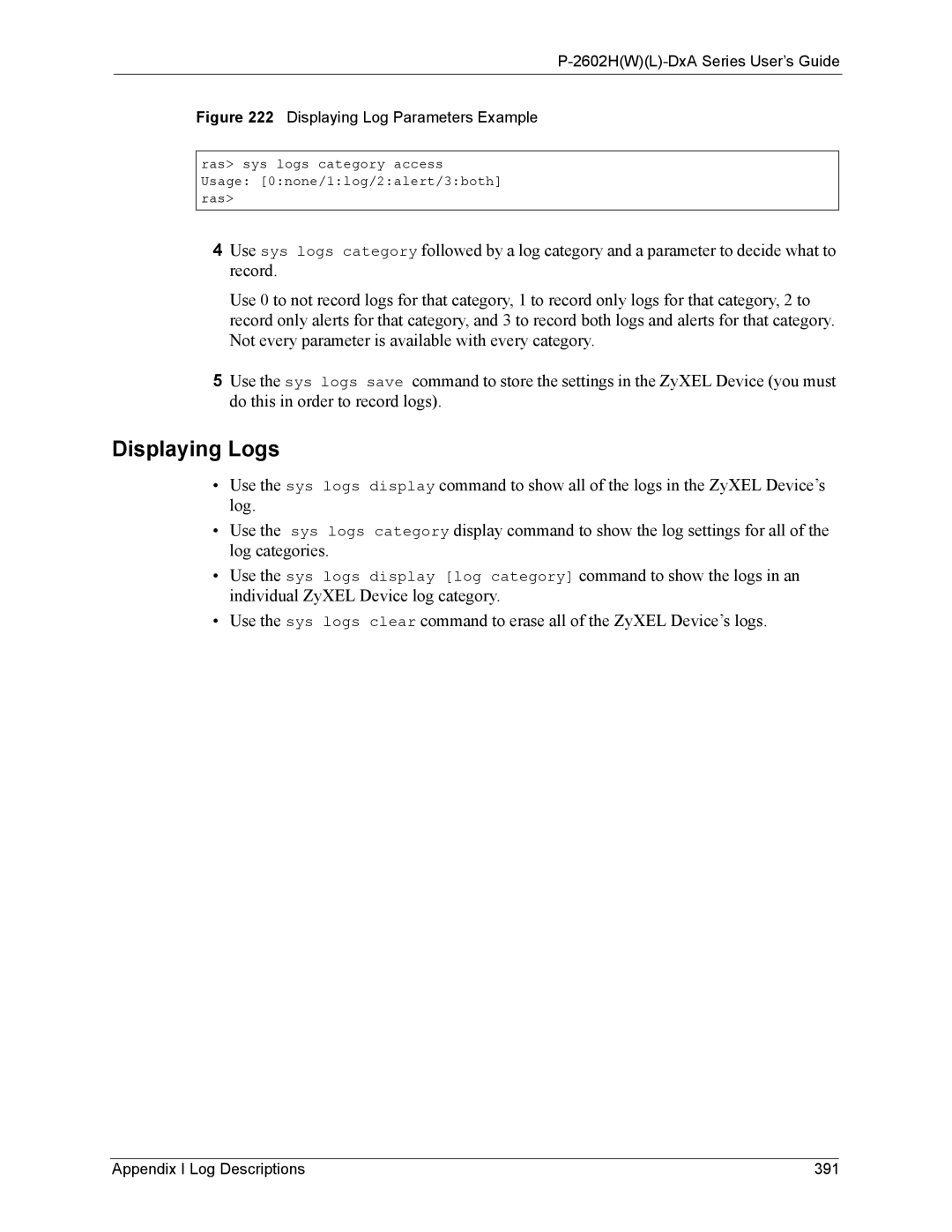 ZyXEL Communications P-2602 manual Displaying Logs, Appendix I Log Descriptions 391 