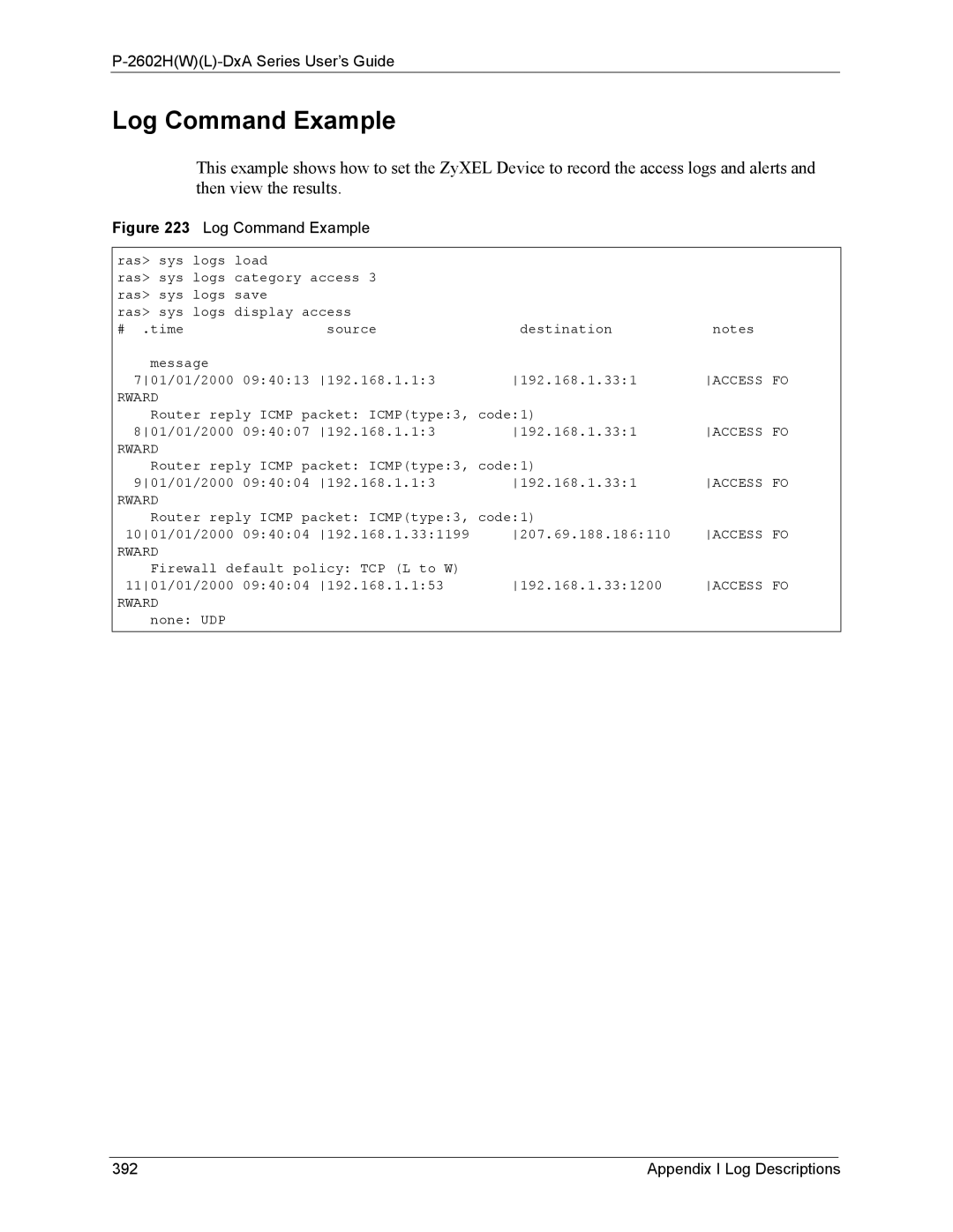 ZyXEL Communications P-2602 manual Log Command Example, Appendix I Log Descriptions 