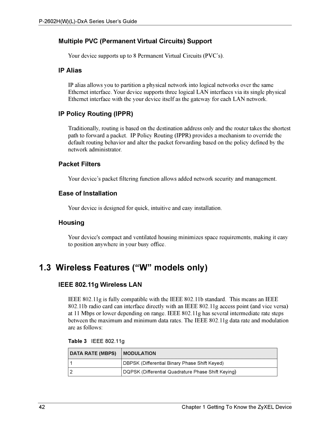 ZyXEL Communications P-2602 manual Wireless Features W models only 