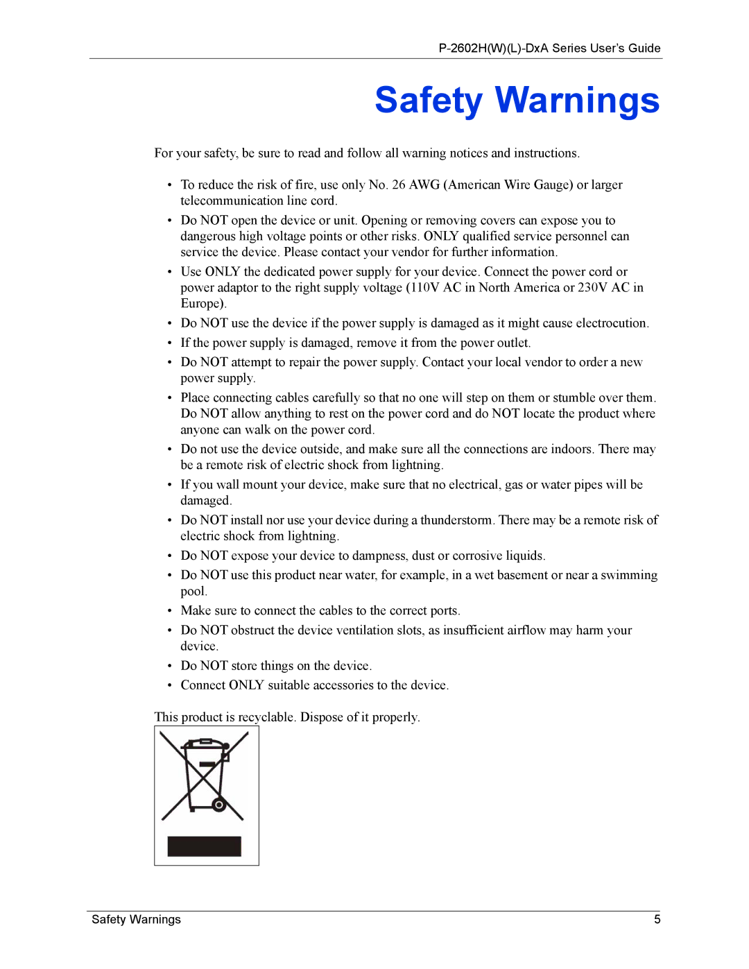 ZyXEL Communications P-2602 manual Safety Warnings 