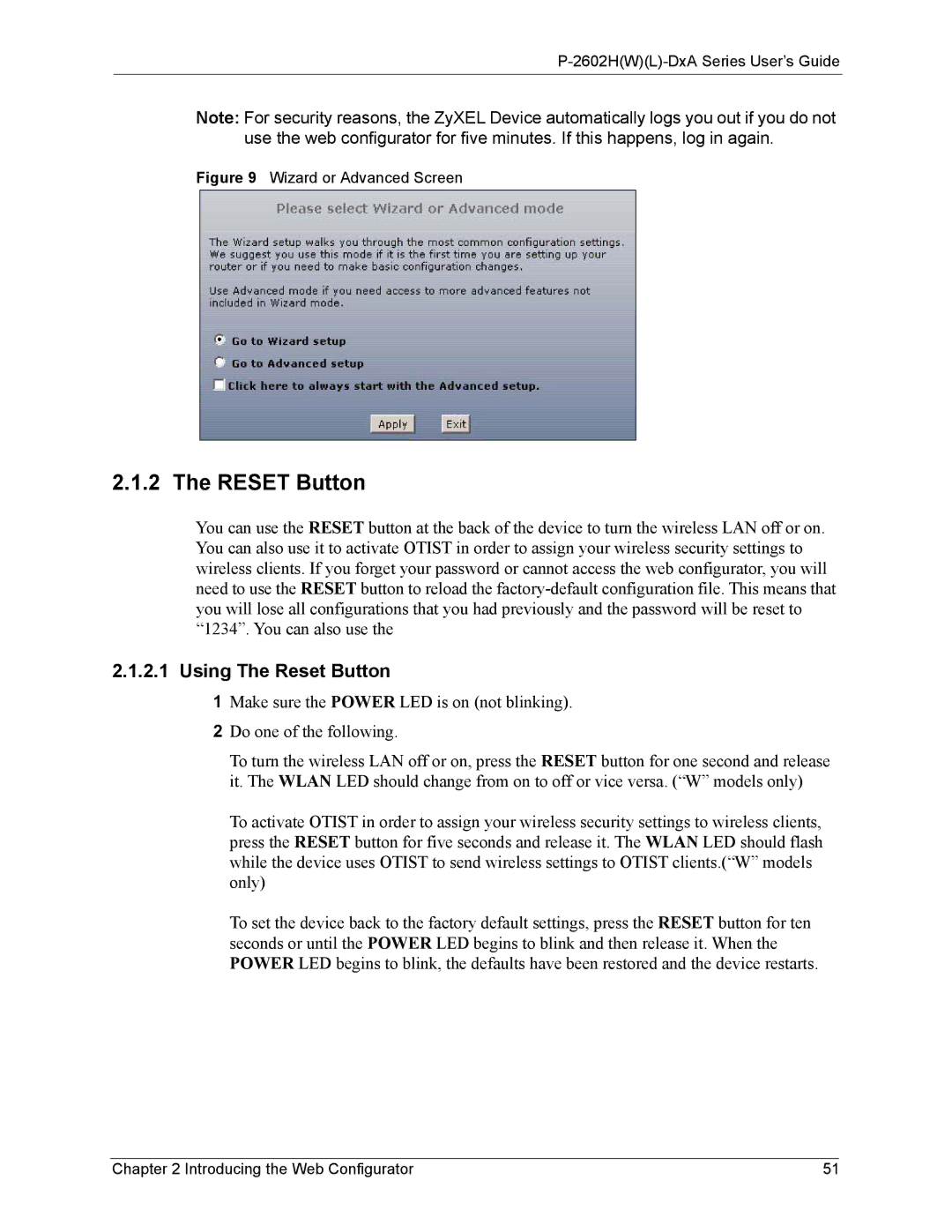 ZyXEL Communications P-2602 manual Using The Reset Button 