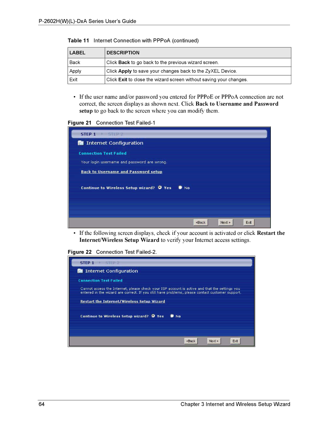 ZyXEL Communications P-2602 manual Connection Test Failed-1 