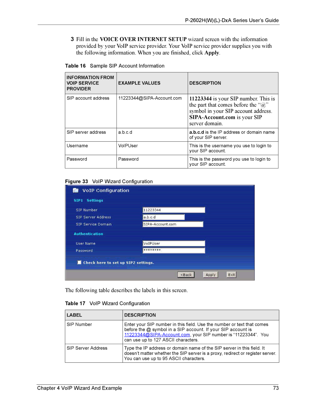 ZyXEL Communications P-2602 manual Sample SIP Account Information, VoIP Wizard Configuration 