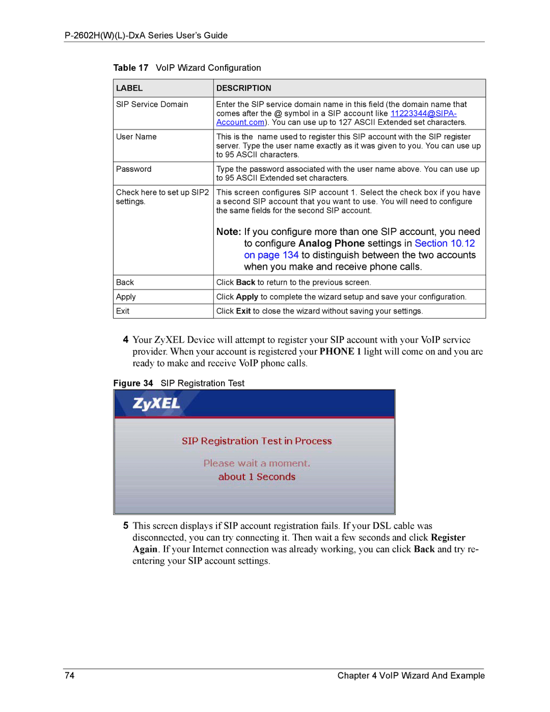 ZyXEL Communications P-2602 manual 2602HWL-DxA Series User’s Guide VoIP Wizard Configuration, SIP Registration Test 