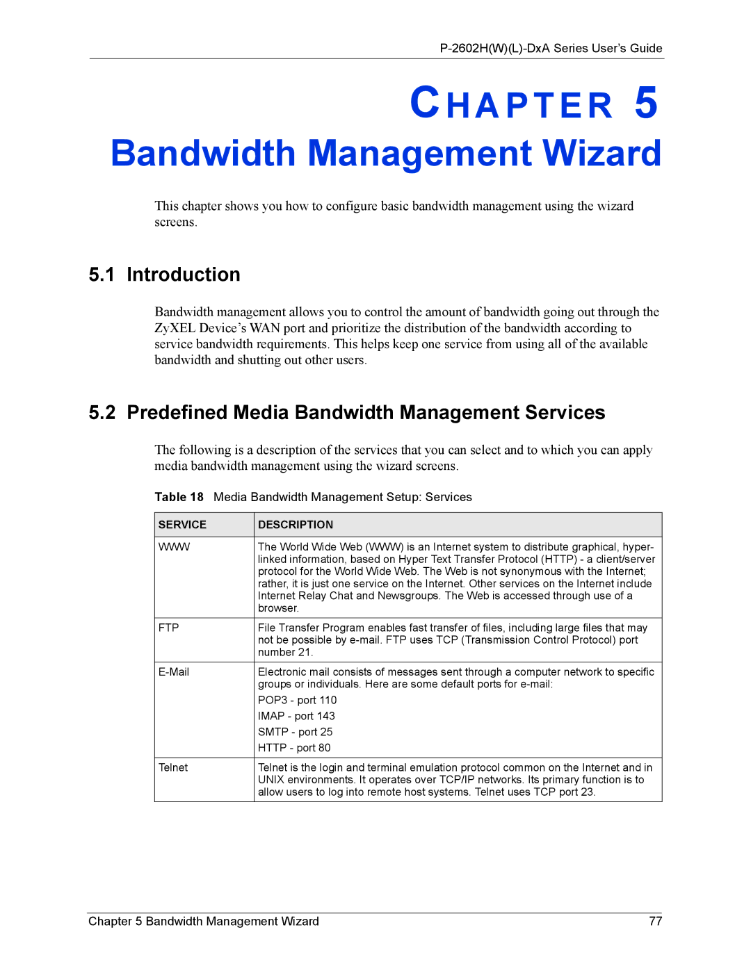 ZyXEL Communications P-2602 manual Bandwidth Management Wizard, Predefined Media Bandwidth Management Services 