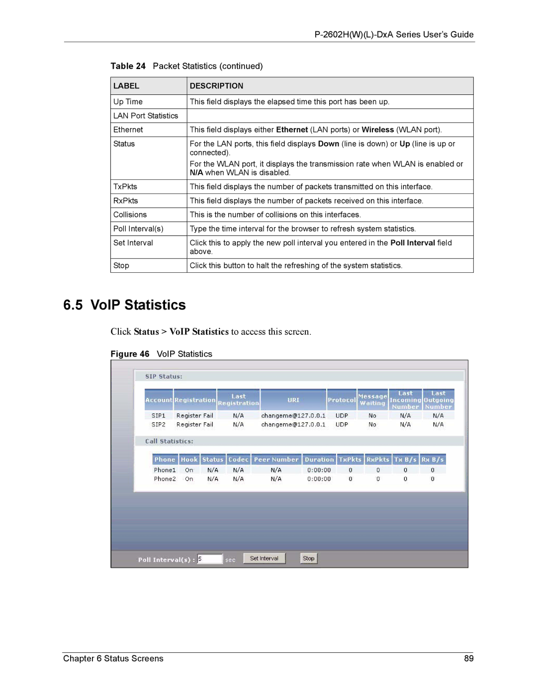 ZyXEL Communications P-2602 manual VoIP Statistics Status Screens 