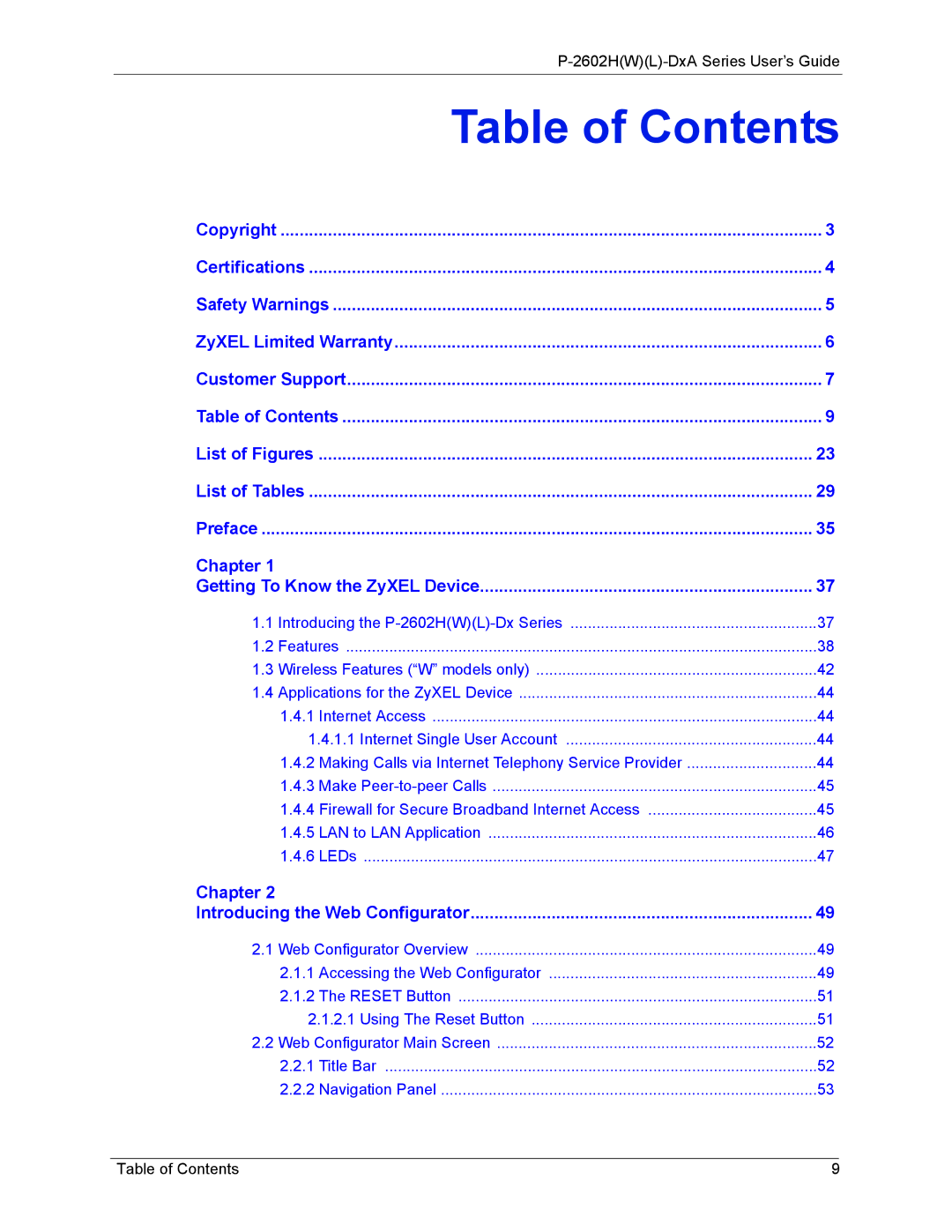 ZyXEL Communications P-2602 manual Table of Contents 