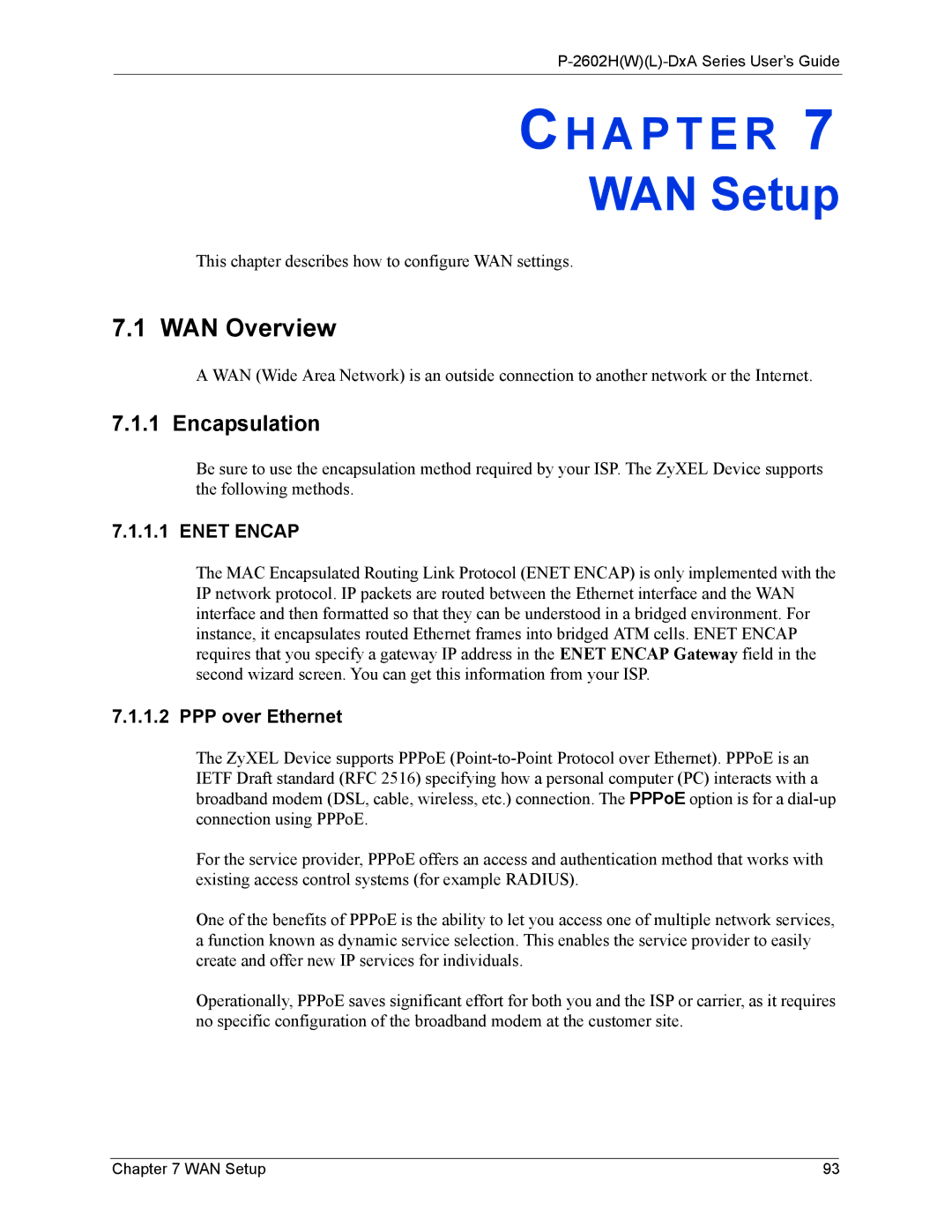 ZyXEL Communications P-2602 manual WAN Setup, WAN Overview, Encapsulation, Enet Encap, PPP over Ethernet 