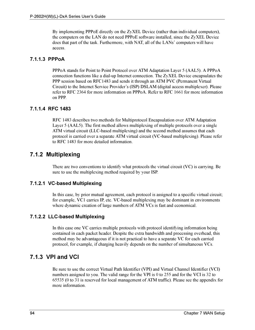 ZyXEL Communications P-2602 manual Multiplexing, VPI and VCI 