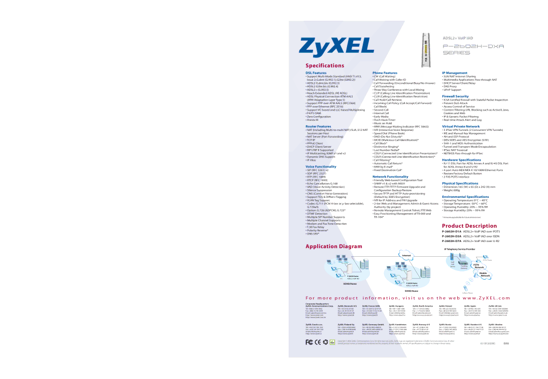 ZyXEL Communications P-2602H-DXA specifications Specifications, Product Description, Application Diagram 