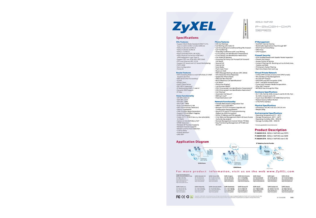 ZyXEL Communications P-2602H-DXA Specifications, Product Description, Application Diagram, p-2602h-dxa, series 