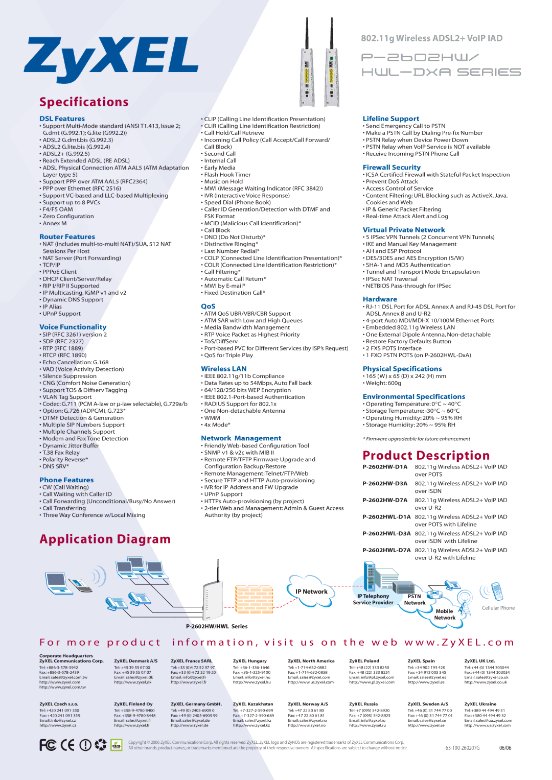 ZyXEL Communications P-2602HW user service Specifications, Product Description, Application Diagram 