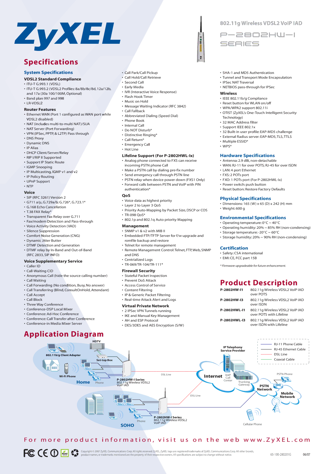 ZyXEL Communications P-2802HW-i manual Specifications, Product Description, Application Diagram 