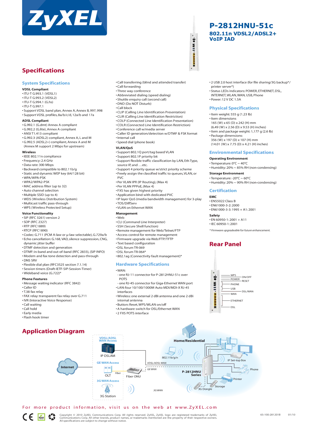 ZyXEL Communications P-2812HNU-51c System Specifications, Hardware Specifications, Physical Specifications, Certification 