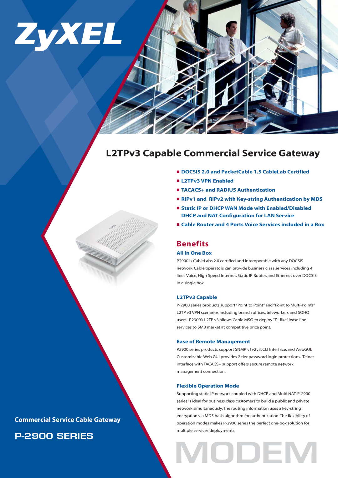 ZyXEL Communications P-2900 manual Benefits, All in One Box, L2TPv3 Capable, Ease of Remote Management 