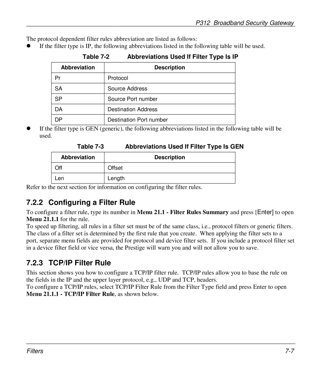 ZyXEL Communications P-312 manual Configuring a Filter Rule, 3 TCP/IP Filter Rule, Abbreviations Used If Filter Type Is IP 