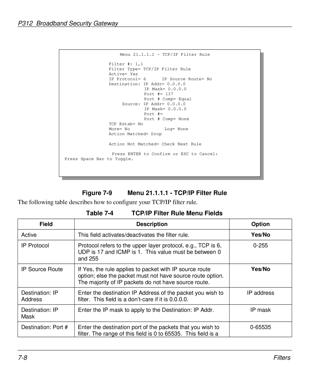 ZyXEL Communications P-312 manual Menu 21.1.1.1 TCP/IP Filter Rule, TCP/IP Filter Rule Menu Fields 