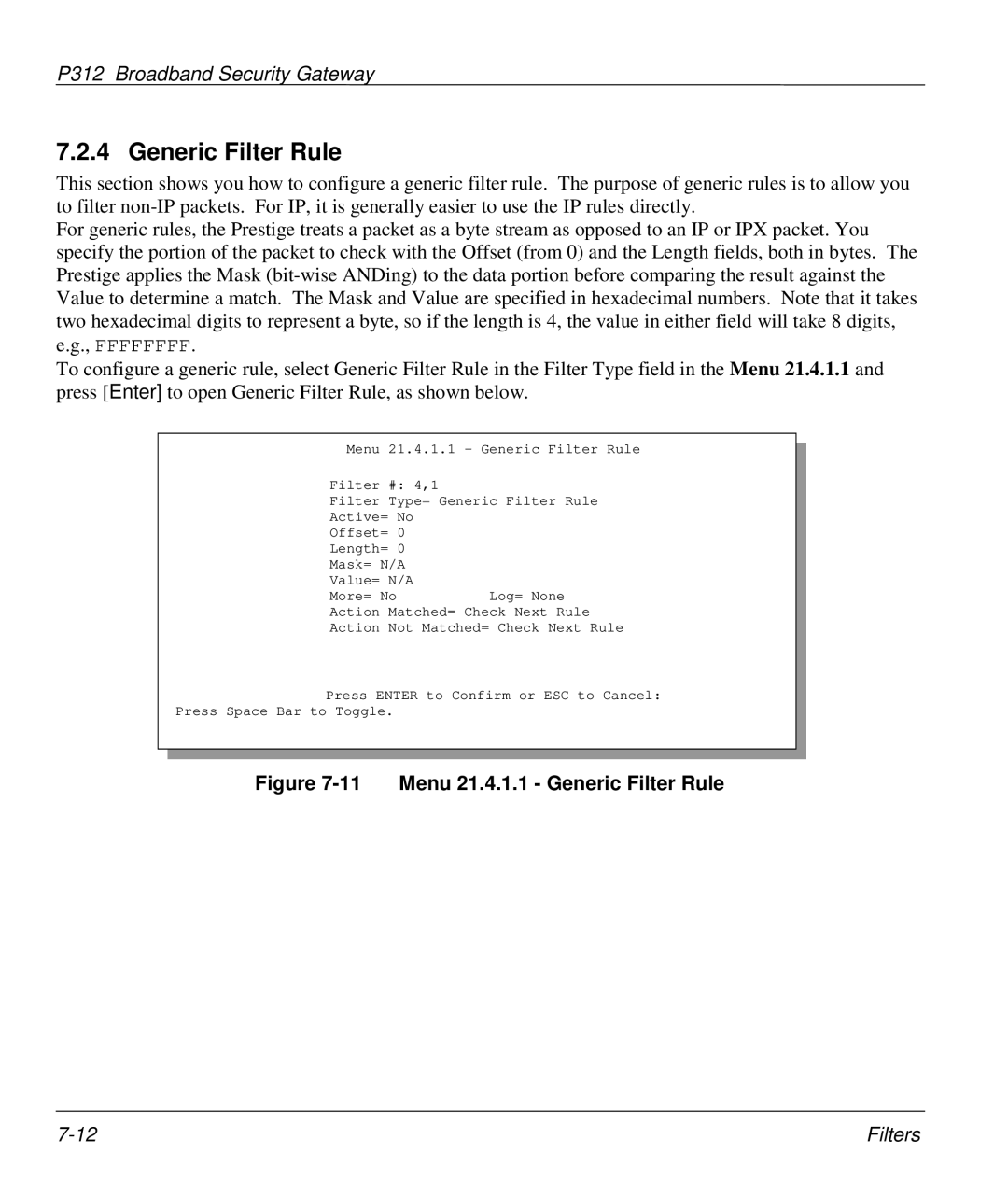 ZyXEL Communications P-312 manual Menu 21.4.1.1 Generic Filter Rule 