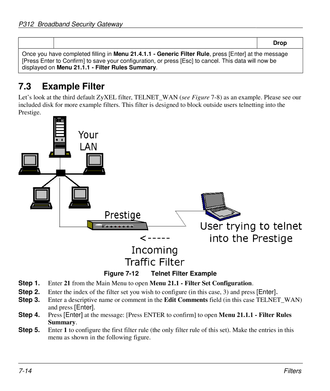 ZyXEL Communications P-312 manual Example Filter, Telnet Filter Example 