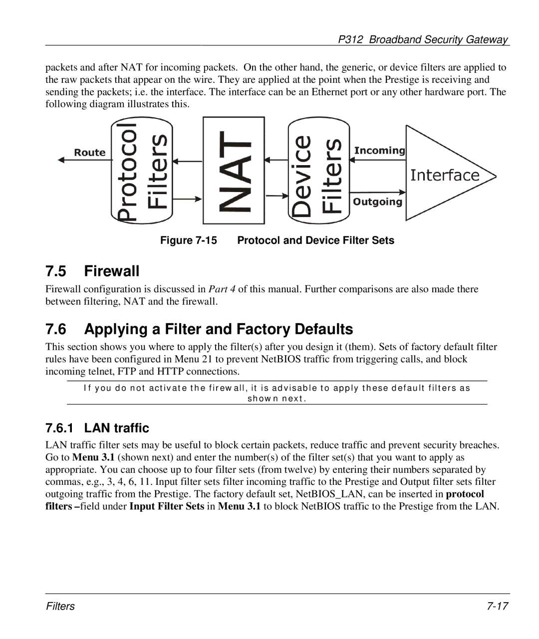 ZyXEL Communications P-312 manual Firewall, Applying a Filter and Factory Defaults, LAN traffic 