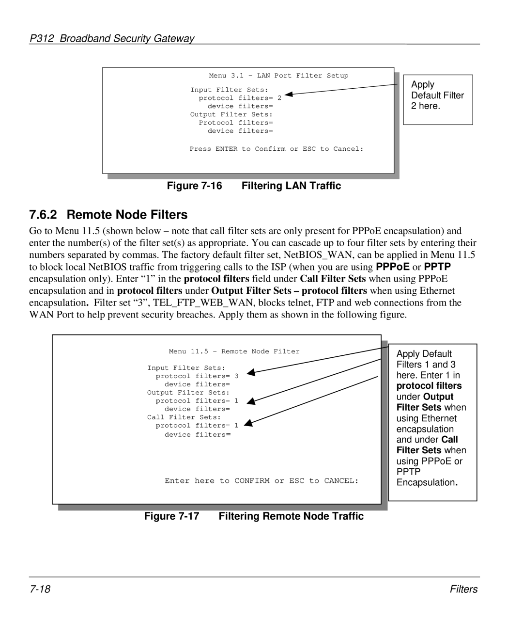 ZyXEL Communications P-312 manual Remote Node Filters, Filtering LAN Traffic 