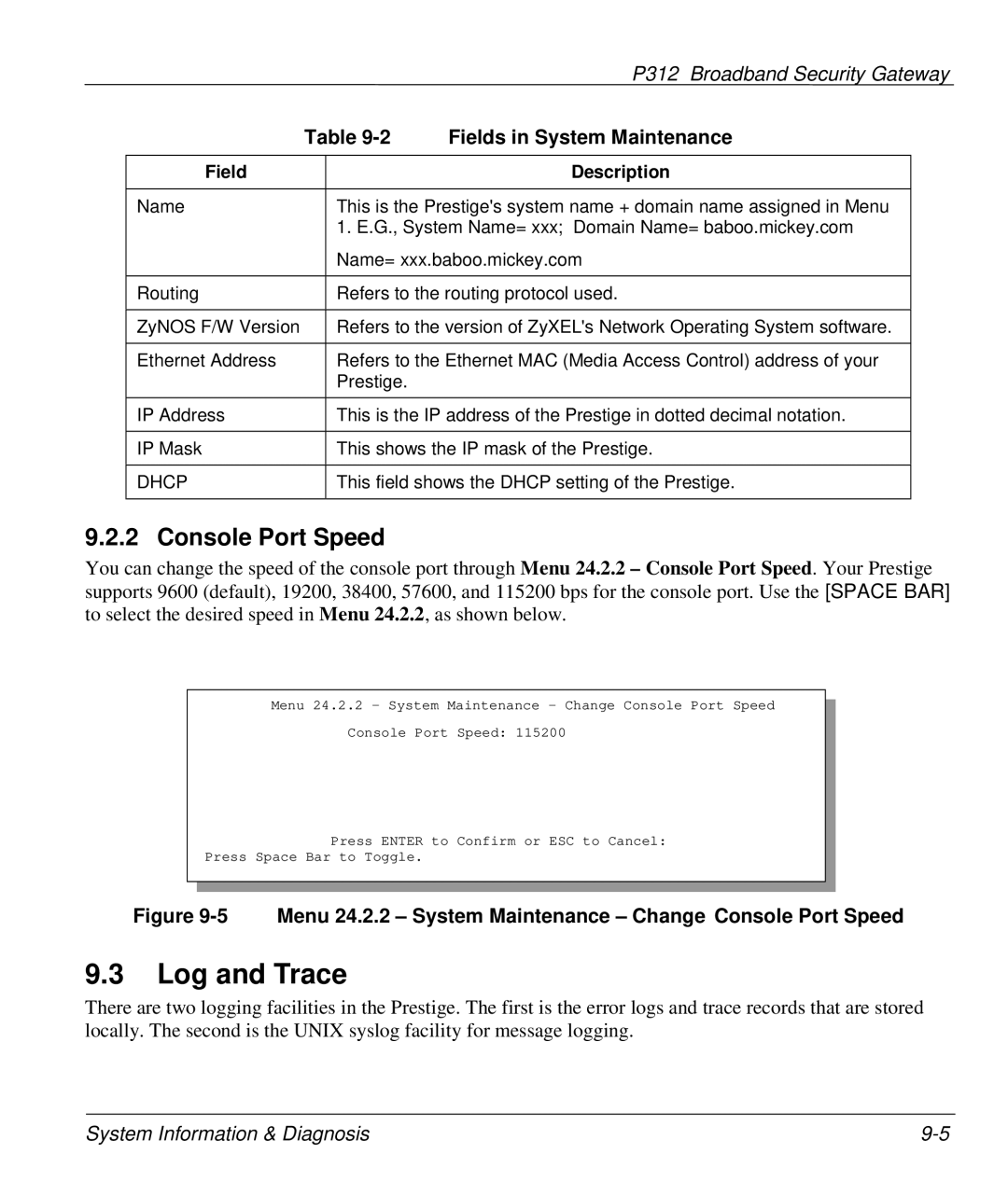 ZyXEL Communications P-312 manual Log and Trace, Console Port Speed, Fields in System Maintenance 